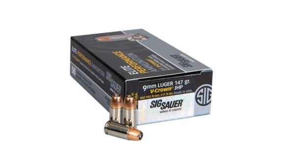 Sig Sauer Elite V-Crown 9mm Luger 147 grain Jacketed Hollow Point (JHP) Brass Casing Centerfire Pistol Ammunition