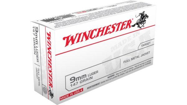 Winchester USA HANDGUN 9mm Luger 147 grain Full Metal Jacket (FMJ) Brass Casing Centerfire Pistol Ammunition 500 RDS